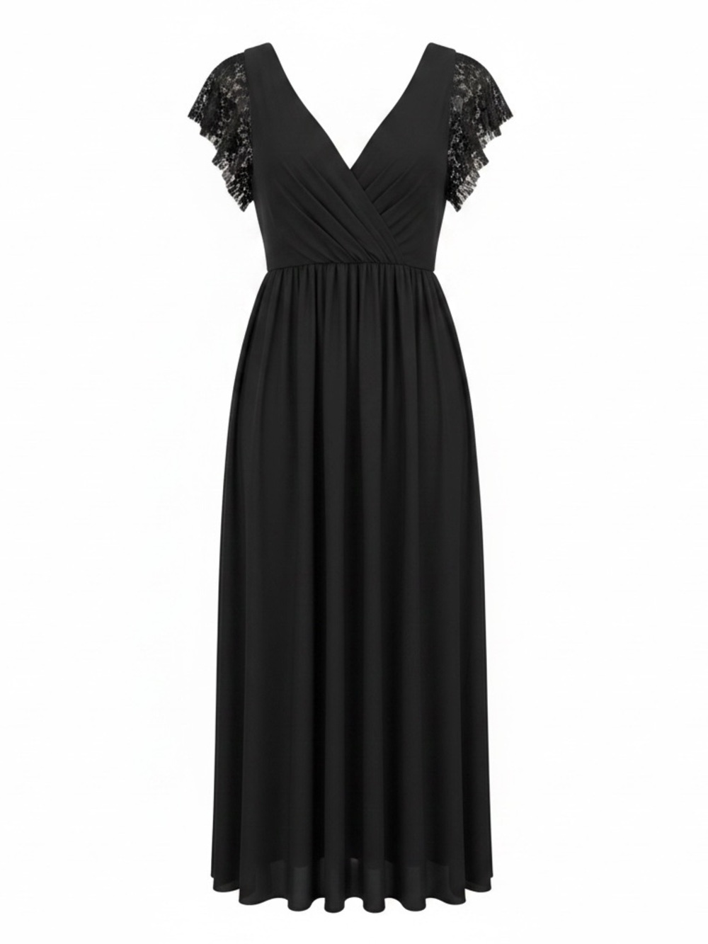 Azazie Black V-Neck Maxi with Lace Flutter Sleeves
